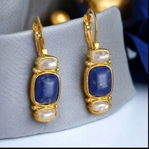 18k Gold Plated Lapis Lazuli Freshwater Pearl Dangle Earrings